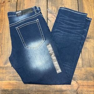 True Luck Mens Straight Leg Jeans Dark Wash Distressed Blue 36x32 NWT RN99231